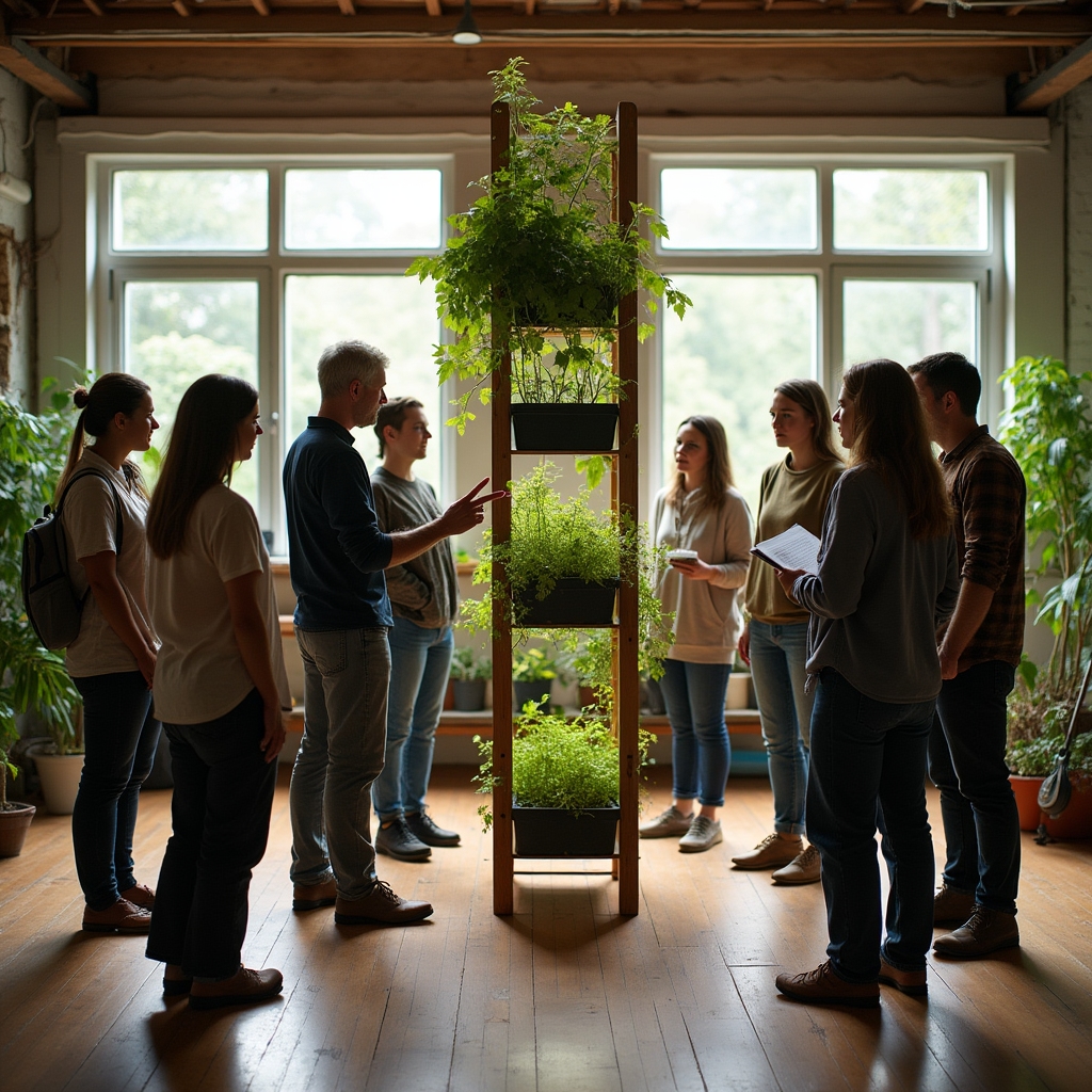 Grupo de participantes en una clase presencial de agricultura urbana observando una estructura vertical