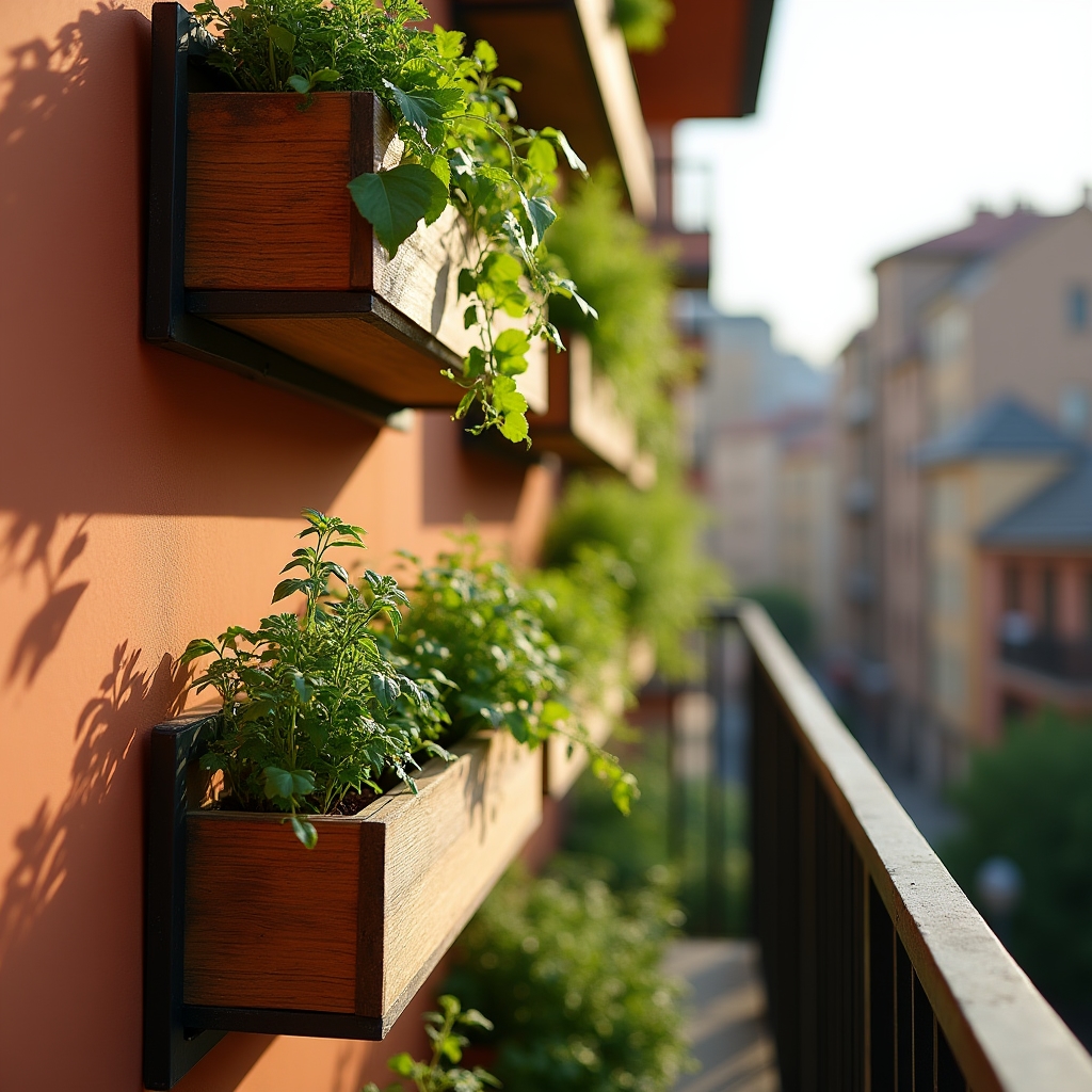 Huerta vertical instalada en un balcón con macetas escalonadas y plantas de hoja verde
